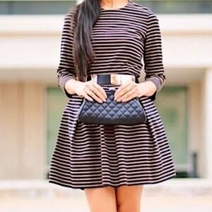 GAP 12 Striped Pleated Fit & Flare Dress 3/4 Sleeve Black and Camel with Pockets